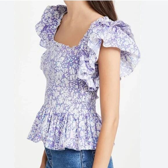 Love the Label Anthropologie Smocked Peplum Crop Top in Martine Lavender - M - Picture 1 of 9